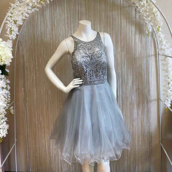 SHORT SILVER HALTER NECK CORSET DRESS - Picture 1 of 5